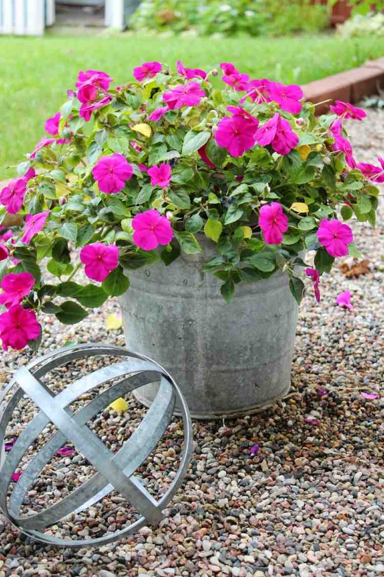 deco-ideer-til-terrasse-planter-spand-idé-rustikke-blomster