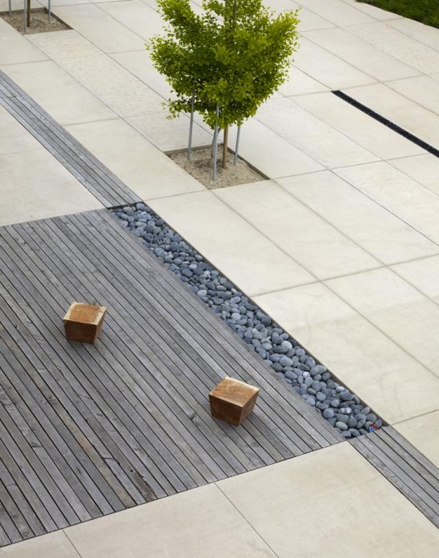 Landskabspleje og havedesign eksempel moderne linjer grusgrå planke gulvplader