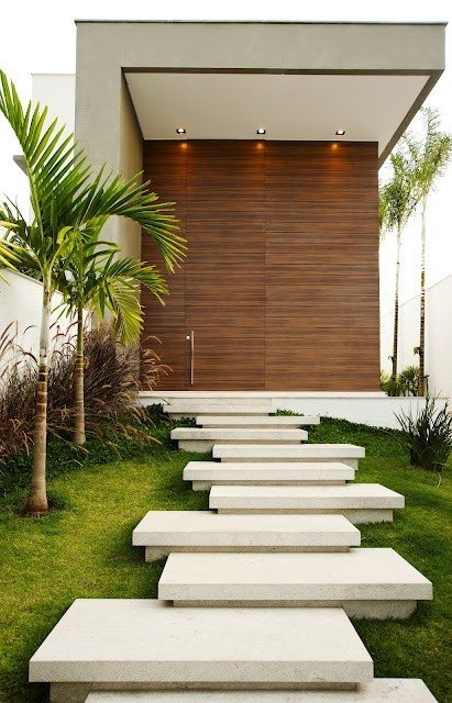 landskabshave design billeder ideer trapper asymmetrisk græsplænehus indgang