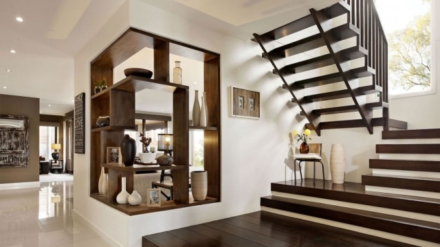 moderne trapper ideer træ hjørne væg hylde dekorative genstande