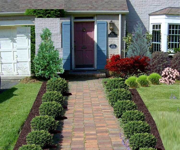 Forhave-design-tips-ideer-hus-dør-symmetrisk-buksbom-græsplæne