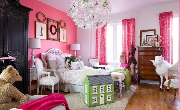 idéer væg pink pige gardiner lysekrone garderobe