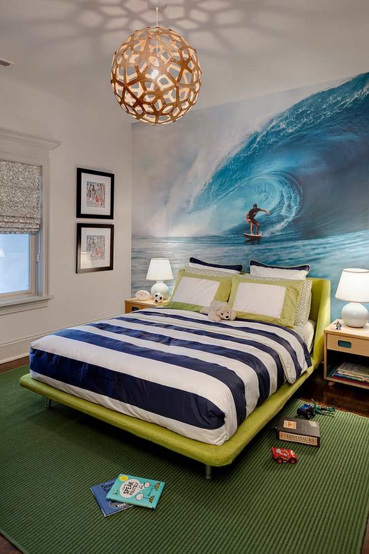 ideer fototapet vægmaleri bølge surfing seng striber sengelinned tæpper