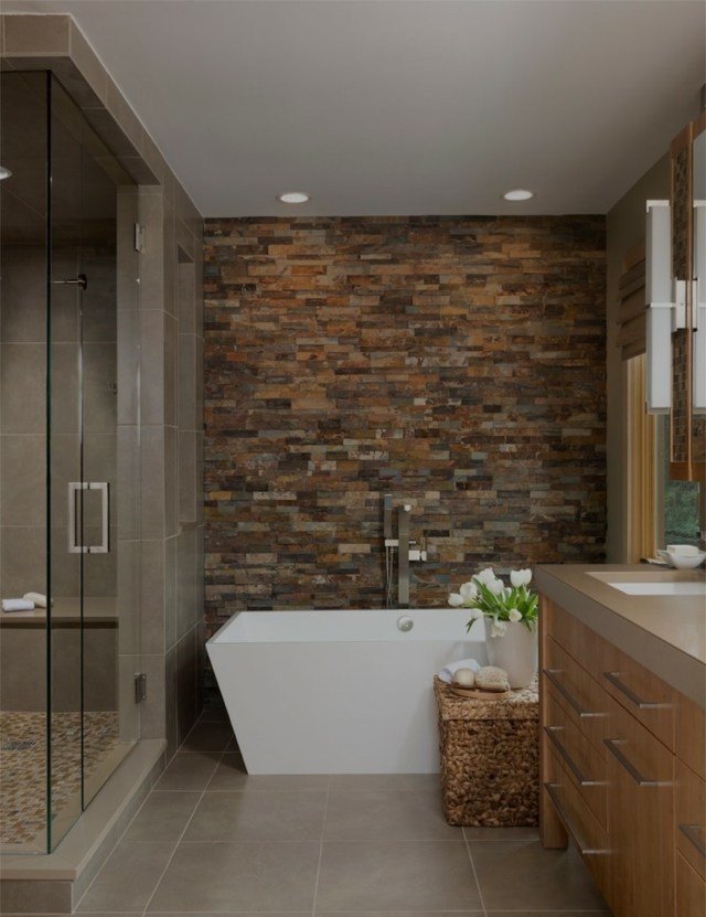 design ideer vægfliser stenlook badekar keramisk fritstående