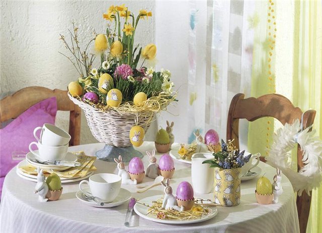 ideer påske dekoration bord hus kurv blomster æg