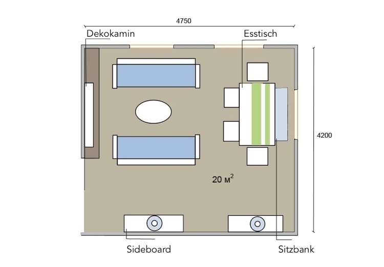 20 kvm stue opsat firkant med spiseplads