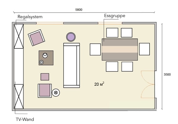 20 kvm stue opsat rektangulær med spiseplads