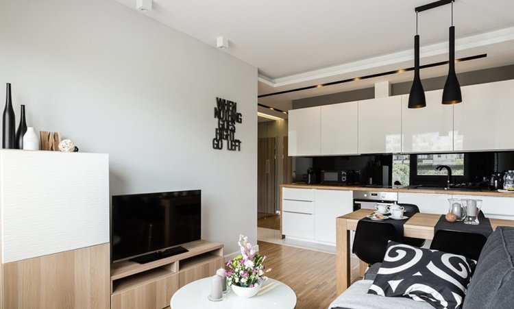 20 kvm stue med spiseplads og køkken i en række i sort og hvid og træ