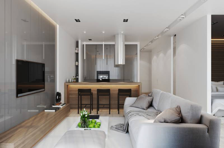 20 kvm stue indretning moderne grå træ sofa køkken køkken ø