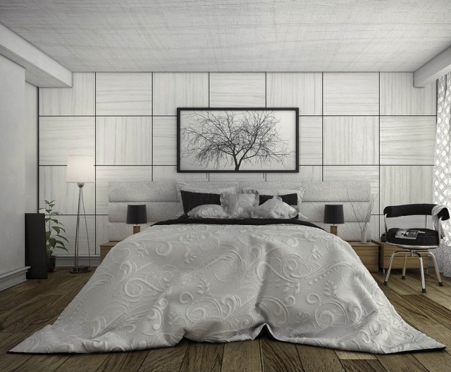 moderne-soveværelse-design-monokromatiske-grå-vægpaneler-deco-træ-gulvbrædder-sengeborde