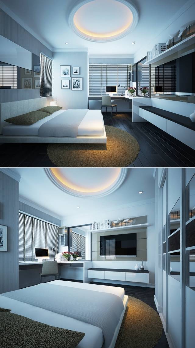lille-soveværelse-hvidt-kreativt-loft-design-tv-væg