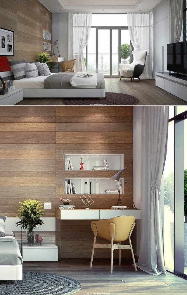 moderne-soveværelse-design-inspiration-skrivebord-indbygget i væg-hylder