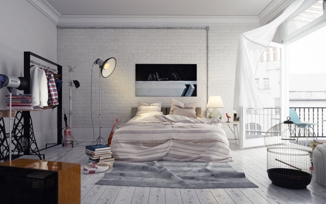 soveværelse-loft-stil-hvid-mursten-væg-tøj-rack-hvid-gulvbræt