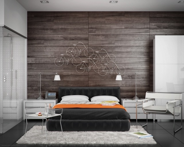 soveværelse-træ vægbeklædning-polstret seng-walk-in brusebad-glasvæg