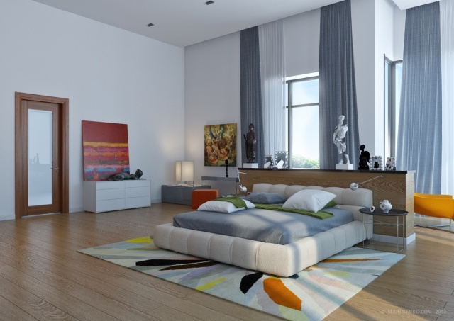 moderne-soveværelse-polstret-seng-creme-farverigt-tæppe
