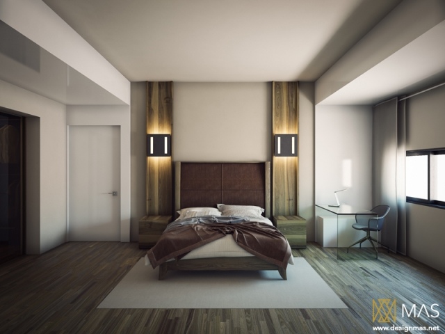 moderne-soveværelse-træ-sengebord-væg-lys-dekoration