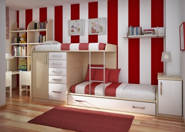 lille-soveværelse-design-idé-rød-hvid
