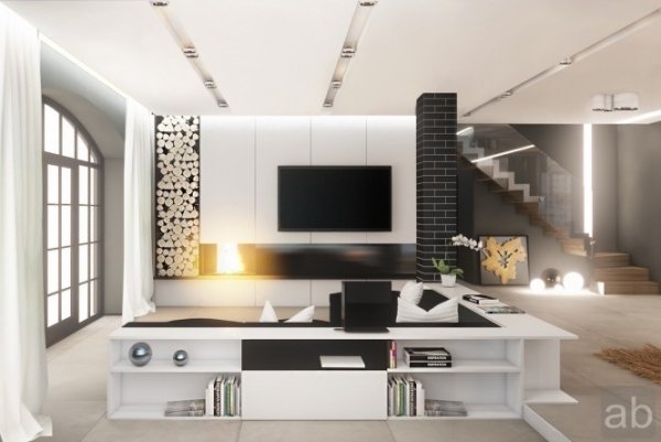 Stue ideer moderne stue sort og hvid pejs hylder sofa