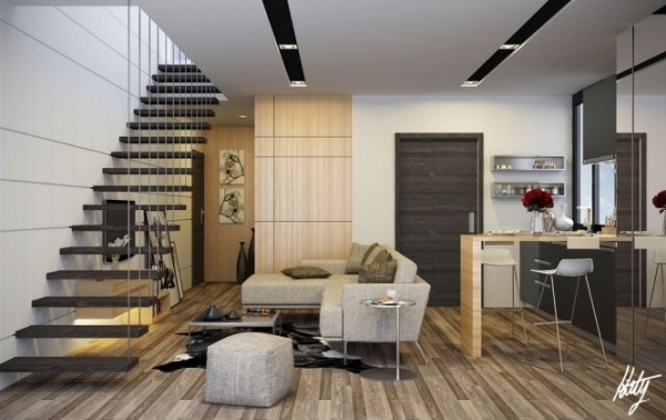 træ design køkken flydende trappe sofa