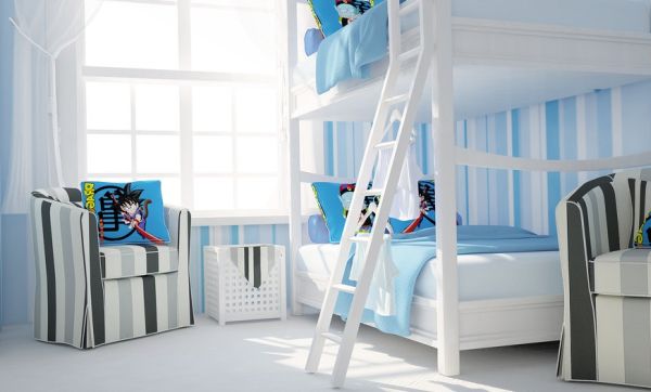 Børne værelse ideer væg tapet striber-blå hvid-køjeseng