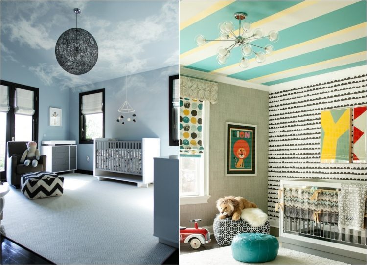 baby værelse-dekoration-loft-maleri-idé-skyer-effekt-striber