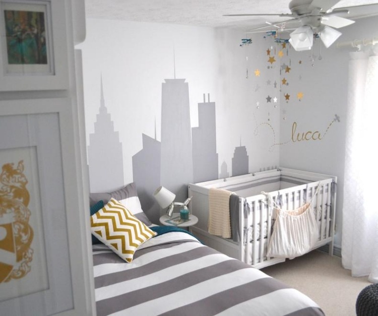 Baby værelse deco-boy-grå-hvid-væg design-city-skyline