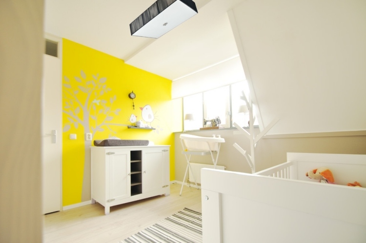 baby værelse-dekoration-gul-accent-væg-træ-fugl-væg-klistermærke
