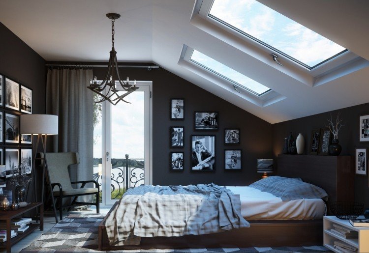 idé-lejlighed-møblering-skråt-lofter-sort-hvid-grå-soveværelser-fotos-ovenlysvinduer-lysekroner