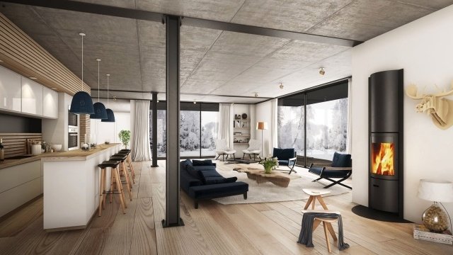 3d renderings ski chalet luksus interiør loft stil udstyret køkken-indendørs pejs