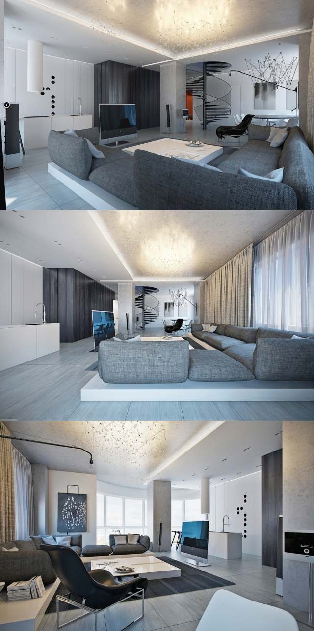 Designideer stue i monokrom farve polstrede møbler loft dekoreret-3d