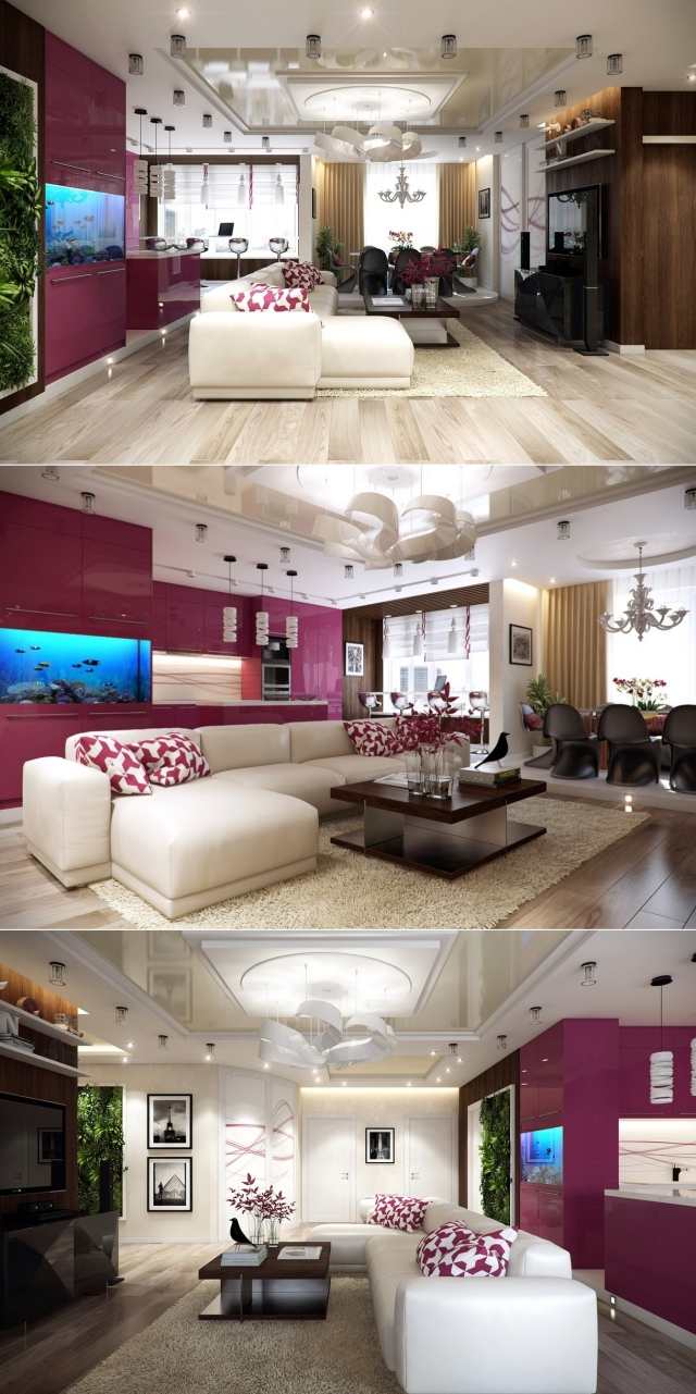 Ideer til stuen lilla væg laminatgulve hvide sofa mønstrede sofa puder