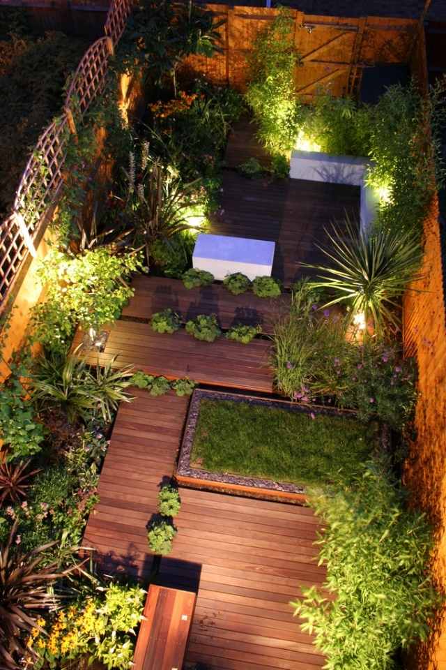 Trædæk gårdhave grønne belysning-urban havedesign