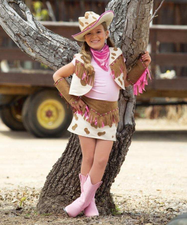 ideer-karneval-kostumer-børn-pige-cowgirl-frynser-pink-brun