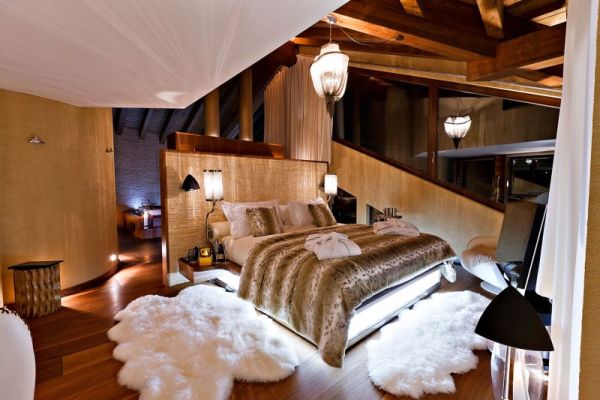 Design Ski Chalet-Zermatt soveværelse-dyreskind hvide rustikke detaljer
