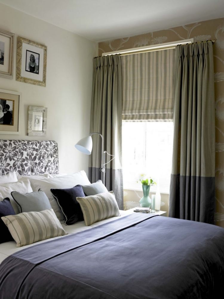 soveværelse gardiner-gardiner-pastel-farve-seng-puder-tykke-striber