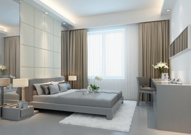 moderne-soveværelse-grå-brun-hvide-gardiner-brune-gardiner