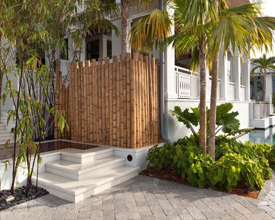 Privatlivsbeskyttelse havedesign eksotiske palme stenplader