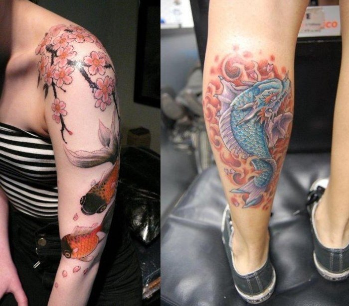 koi-tatovering-design-til-kvinder-arm-skulder-kirsebær-blomst-drage-koi