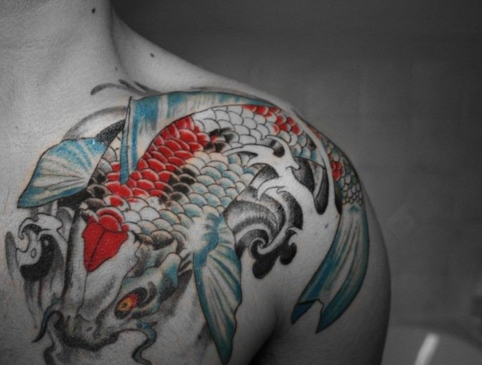 tatovering-design-ideer-mænd-motiver-symboler-koi-fisk-blå-rød