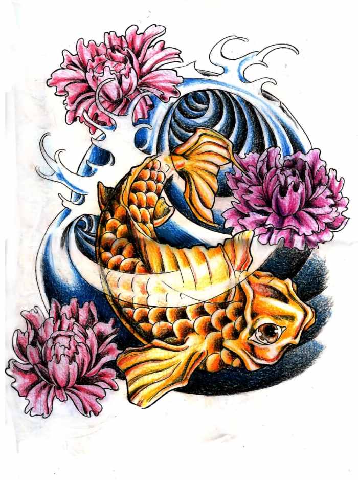 gylden-koi-fisk-pæon-idé-tatovering-design-skabelon