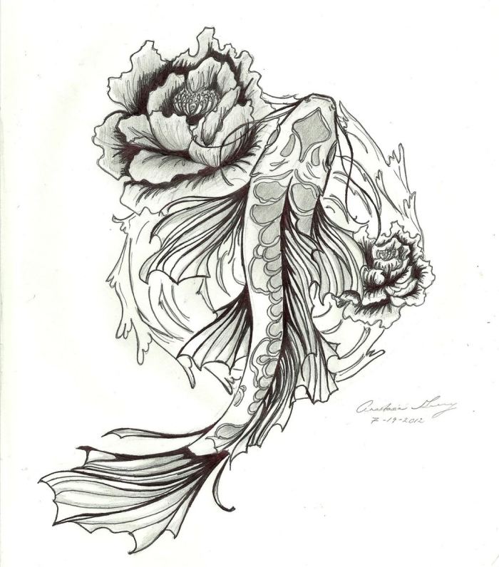 koi-fisk-tatovering-design-tegning-som-skabelon-med-rose
