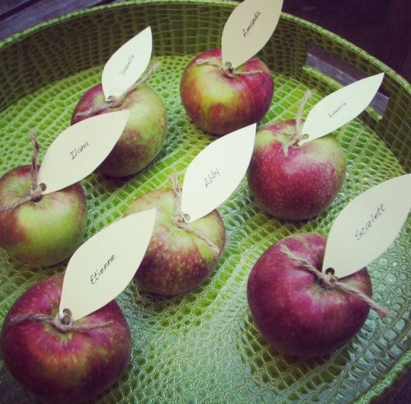 Dekorationsideer til et efterårsfest æbler skrive navne på gæster