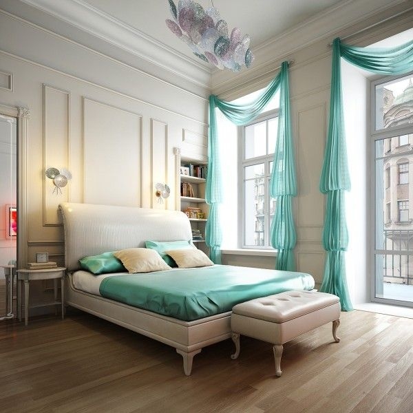 soveværelse gardiner-draperet turkis-blå farveskema moderne