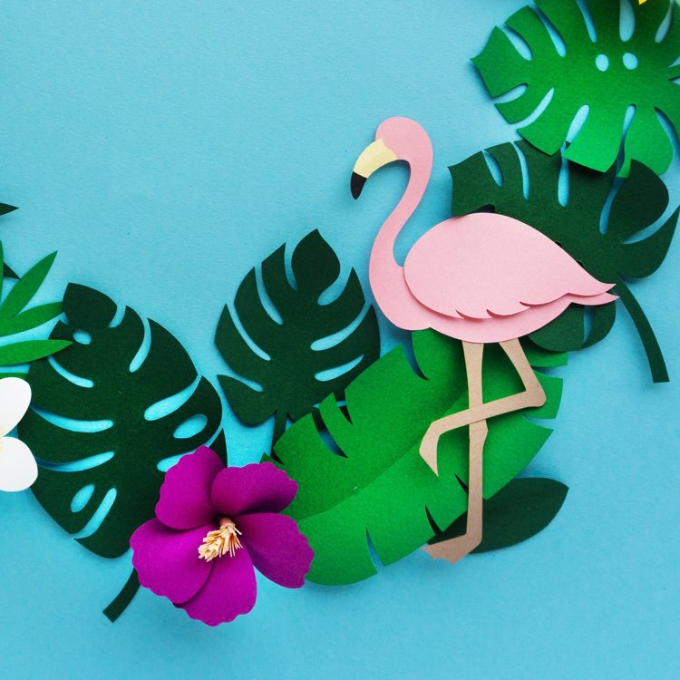 Håndværk ideer sommer jungle look papir krans flamingo monstera blad