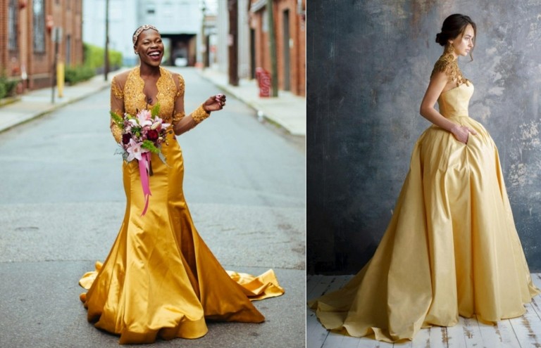 Brudekjole i gult med guldskimmer til en elegant brud