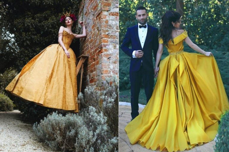 Gylden gul til brudekjolen skaber et ædelt udseende som for en dronning