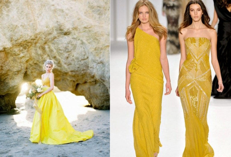 Gatsby brudekjole i gul og enkel model på catwalken