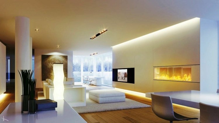 indirekte belysning stue møbler moderne væg pejs