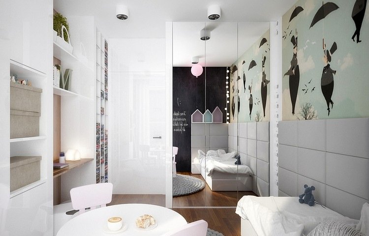 Idéer til boligindretning børneværelse indbygget garderobe-spejlede døre-enkeltseng betrukket væg