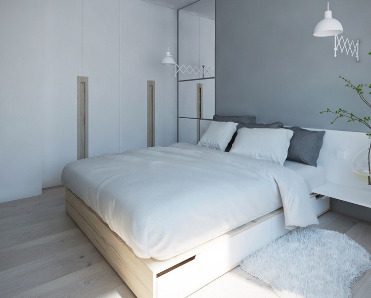 boligindretning-ideer-soveværelse-grå-accent væg-skuffe-seng-indbygget garderobe
